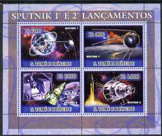 St Thomas & Prince Islands 2007 Space - Sputnk 1 & 2 perf sheetlet containing 4 values unmounted mint , stamps on space
