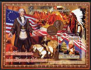 St Thomas & Prince Islands 2007 US Presidents #01 George Washington perf s/sheet containing 1 value unmounted mint , stamps on personalities, stamps on constitutions, stamps on americana, stamps on us presidents, stamps on indians, stamps on horses, stamps on wild west, stamps on coins, stamps on flags