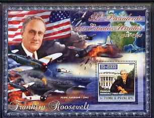 St Thomas & Prince Islands 2007 US Presidents #32 Franklin Roosevelt perf s/sheet containing 1 value unmounted mint , stamps on personalities, stamps on constitutions, stamps on americana, stamps on us presidents, stamps on  ww2 , stamps on ships, stamps on flt tops, stamps on aviation, stamps on 
