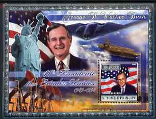 St Thomas & Prince Islands 2007 US Presidents #41 George W Bush perf s/sheet containing 1 value unmounted mint , stamps on personalities, stamps on constitutions, stamps on americana, stamps on us presidents, stamps on ships, stamps on flat tops, stamps on statue of liberty