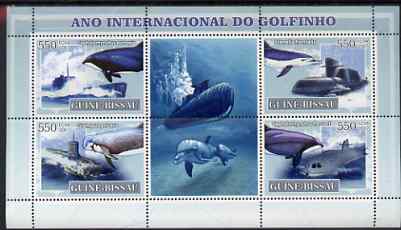 Guinea - Bissau 2007 International Dolphin Year - Submarines perf sheetlet containing 4 values & 2 labels unmounted mint, stamps on whales, stamps on dolphins, stamps on ships, stamps on submarines