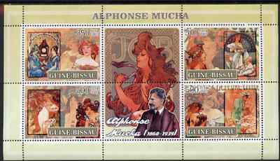 Guinea - Bissau 2007 Alphonse Mucha (artist) perf sheetlet containing 4 values & 2 labels unmounted mint, stamps on arts