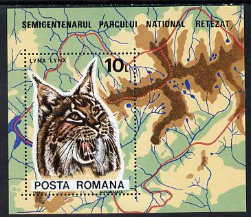 Rumania 1985 Retezat National Park m/sheet (Lynx with Map) unmounted mint Mi BL 218, stamps on animals, stamps on maps, stamps on wildlife, stamps on cats, stamps on national parks, stamps on parks