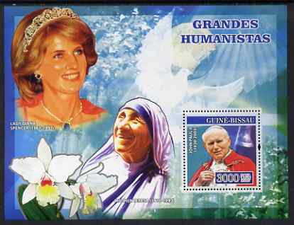 Guinea - Bissau 2007 Humanitarians perf s/sheet containing 1 value (Pope, Mother Teresa & Diana) unmounted mint, Yv 347, stamps on personalities, stamps on royalty, stamps on pope, stamps on diana, stamps on teresa, stamps on orchids