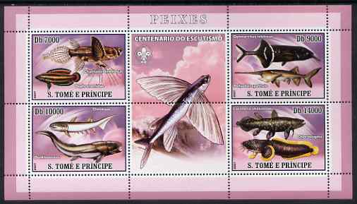 St Thomas & Prince Islands 2007 Fish perf sheetlet containing 4 values plus label (with Scout logo) unmounted mint , stamps on fish, stamps on scouts