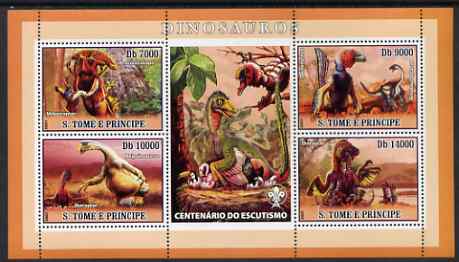 St Thomas & Prince Islands 2007 Dinosaurs perf sheetlet containing 4 values plus label (with Scout logo) unmounted mint , stamps on , stamps on  stamps on animals, stamps on  stamps on dinosaurs, stamps on  stamps on scouts