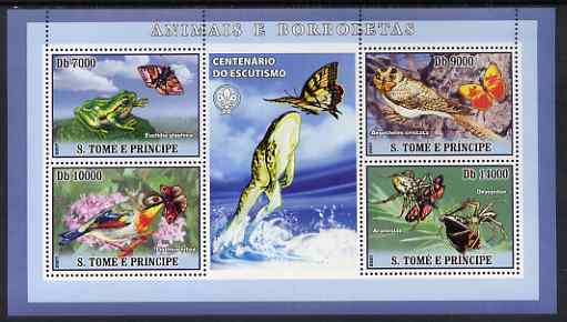 St Thomas & Prince Islands 2007 Animals & Butterflies #1 perf sheetlet containing 4 values plus label (with Scout logo) unmounted mint , stamps on birds, stamps on animals, stamps on butterflies, stamps on frogs, stamps on spiders, stamps on scouts