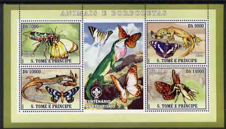 St Thomas & Prince Islands 2007 Animals & Butterflies #2 perf sheetlet containing 4 values plus label (with Scout logo) unmounted mint , stamps on birds, stamps on animals, stamps on butterflies, stamps on reptiles, stamps on insects, stamps on lizards, stamps on scouts