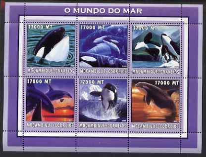 Mozambique 2002 Killer Whale perf sheetlet containing 6 values unmounted mint Yv 2132-37, stamps on whales, stamps on dolphins