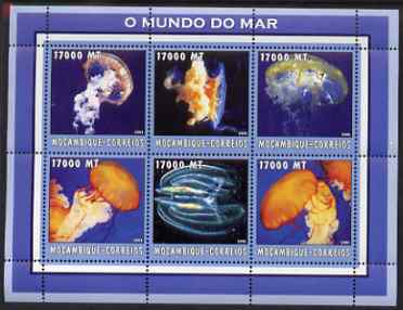 Mozambique 2002 Jelly Fish perf sheetlet containing 6 values unmounted mint Yv 2096-2101, stamps on , stamps on  stamps on marine life