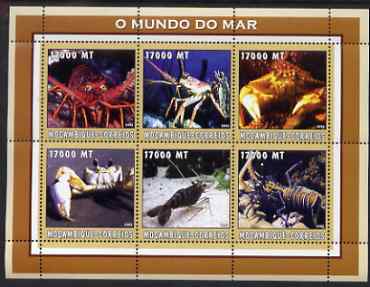 Mozambique 2002 Lobsters perf sheetlet containing 6 values unmounted mint Yv 2216-21, stamps on marine life, stamps on food