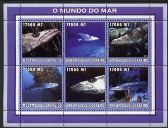 Mozambique 2002 Baracuda perf sheetlet containing 6 values unmounted mint Yv 2162-67, stamps on marine life, stamps on fish