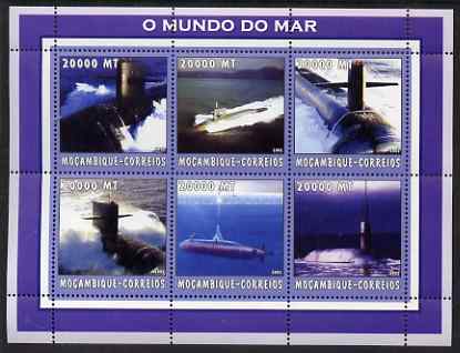 Mozambique 2002 Submarines perf sheetlet containing 6 values unmounted mint Yv 2174-79, stamps on ships, stamps on submarines
