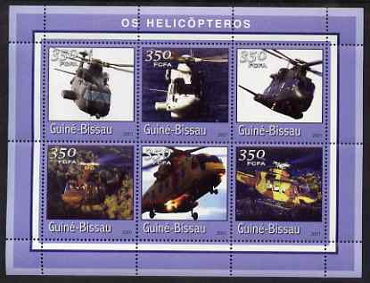 Guinea - Bissau 2001 Helicopters perf sheetlet containing 6 values (350 FCFA) unmounted mint Mi 1767-72, stamps on aviation, stamps on helicopters