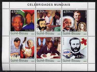 Guinea - Bissau 2003 Celebrites #2 perf sheetlet containing 6 values (Mandela, Dunant, Diana, Einstein, Gagarin, Newton, Karpov, Pope & Senghor) unmounted mint Mi 2421-26, stamps on personalities, stamps on space, stamps on peace, stamps on royalty, stamps on red cross, stamps on diana, stamps on physics, stamps on maths, stamps on chess, stamps on pope, stamps on poetry, stamps on nobel, stamps on personalities, stamps on mandela, stamps on nobel, stamps on peace, stamps on racism, stamps on human rights, stamps on personalities, stamps on einstein, stamps on science, stamps on physics, stamps on nobel, stamps on maths, stamps on space, stamps on judaica, stamps on atomics