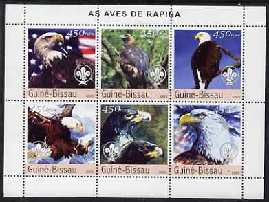 Guinea - Bissau 2003 Birds of Prey perf sheetlet containing 6 values each with Scout Logo unmounted mint Mi 2345-50, stamps on birds, stamps on birds of prey, stamps on eagles, stamps on scouts