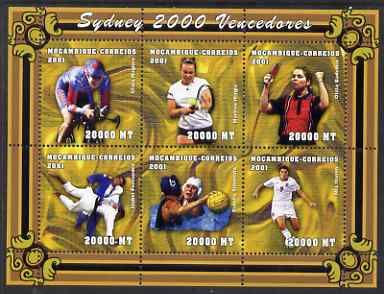 Mozambique 2001 Sydney Olympics perf sheetlet #4 containing 6 values unmounted mint, (Cycling, Judo, Table Tennis, Tennis, Water Polo & Football) Mi 1912-17, stamps on olympics, stamps on tennis, stamps on football, stamps on bicycles, stamps on table tennis, stamps on judo, stamps on polo, stamps on sport, stamps on martial arts