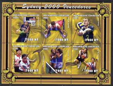 Mozambique 2001 Sydney Olympics perf sheetlet #5 containing 6 values unmounted mint, (Tennis, Basketball, Rings, Volleyball & Table Tennis) Mi1906-11, stamps on olympics, stamps on tennis, stamps on gymnastics, stamps on table tennis, stamps on basketball, stamps on volleyball