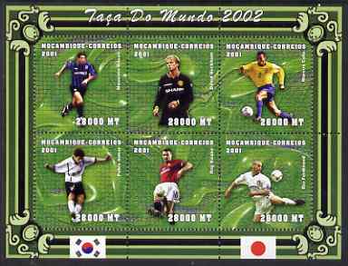 Mozambique 2001 Football World Cup perf sheetlet containing 6 values unmounted mint (Donati, Beckham, Cafu, Aimar, Keane & Ferdinand), stamps on sport, stamps on football