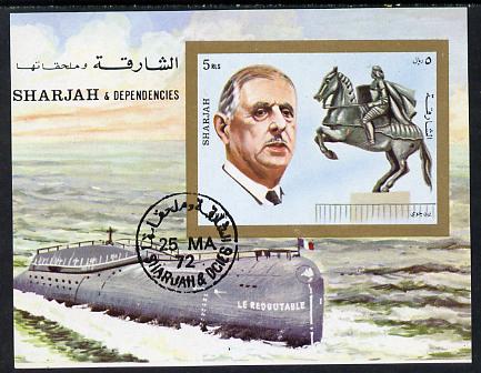 Sharjah 1972 Charles de Gaulle imperf m/sheet (with Statue of Joan of Arc & Le Redoutable Submarine) cto used Mi BL 95, stamps on constitutions     personalities  ships   submarines    statues      de gaulle, stamps on personalities, stamps on de gaulle, stamps on  ww1 , stamps on  ww2 , stamps on militaria