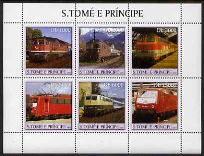 St Thomas & Prince Islands 2003 Railway Locomotives #1 perf sheetlet containing 6 values unmounted mint Mi 2326-31, Sc 1555, stamps on railways