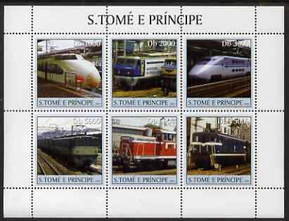 St Thomas & Prince Islands 2003 Railway Locomotives #3 perf sheetlet containing 6 values unmounted mint Mi 2320-25, Sc 1556, stamps on railways
