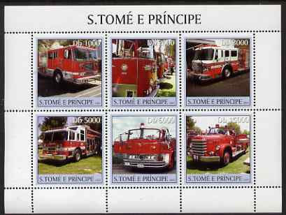 St Thomas & Prince Islands 2003 Fire Engines perf sheetlet containing 6 values unmounted mint Mi 2277-82, Sc 1472, stamps on fire