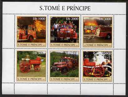 St Thomas & Prince Islands 2003 Old Fire Engines perf sheetlet containing 6 values unmounted mint Mi 2271-76, Sc 1471, stamps on fire