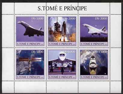 St Thomas & Prince Islands 2003 Concorde & Space Shuttle perf sheetlet containing 6 values unmounted mint Mi 2206-11, Sc 1534, stamps on aviation, stamps on concorde, stamps on space shuttle