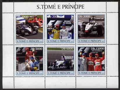 St Thomas & Prince Islands 2003 Formula 1 #1 perf sheetlet containing 6 values unmounted mint Mi 2265-70, Sc 1548, stamps on cars, stamps on racing cars, stamps on  f1 , stamps on formula 1, stamps on 