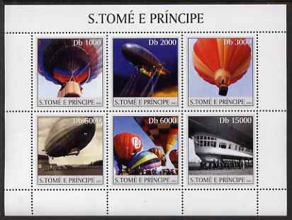 St Thomas & Prince Islands 2003 Balloons & Airships perf sheetlet containing 6 values unmounted mint Mi 2194-99, Sc 1528, stamps on aviation, stamps on balloons, stamps on airships, stamps on zeppelins