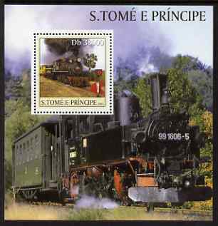 St Thomas & Prince Islands 2003 Steam Locomotives perf s/sheet containing 1 value unmounted mint Mi BL465, Sc 1568, stamps on railways