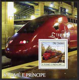 St Thomas & Prince Islands 2003 Thalys Locomotives perf s/sheet containing 1 value unmounted mint Mi BL471, Sc 1564, stamps on railways