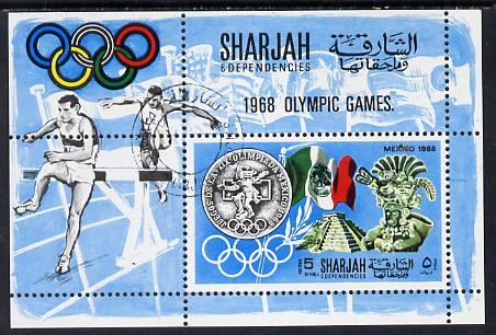 Sharjah 1968 Olympics (Medal, Mexican Art, Flag & Steeplechase) perf m/sheet cto used (Mi BL 41A), stamps on , stamps on  stamps on olympics   sport      artefacts      flags    steeplechase