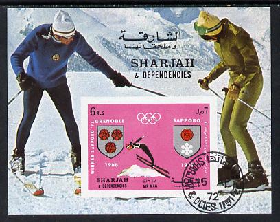 Sharjah 1967 Winter Olympics (Skiing) imperf m/sheet cto used (Mi BL 85), stamps on olympics   sport     skiing