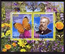 Benin 2007 Butterflies & Jules Verne #1 perf sheetlet containing 2 values fine cto used , stamps on butterflies, stamps on personalities, stamps on science, stamps on sci-fi, stamps on literature