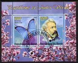Benin 2007 Butterflies & Jules Verne #2 perf sheetlet containing 2 values fine cto used , stamps on butterflies, stamps on personalities, stamps on science, stamps on sci-fi, stamps on literature
