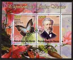 Benin 2007 Butterflies & Jules Verne #4 perf sheetlet containing 2 values fine cto used , stamps on butterflies, stamps on personalities, stamps on science, stamps on sci-fi, stamps on literature