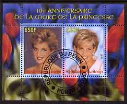 Benin 2007 10th Death Anniversary of Princess Diana #1 perf sheetlet containing 2 values fine cto used , stamps on personalities, stamps on royalty, stamps on diana