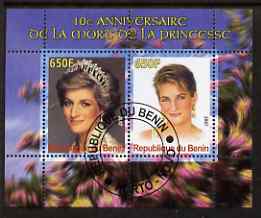 Benin 2007 10th Death Anniversary of Princess Diana #2 perf sheetlet containing 2 values fine cto used , stamps on personalities, stamps on royalty, stamps on diana