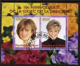 Benin 2007 10th Death Anniversary of Princess Diana #3 perf sheetlet containing 2 values fine cto used , stamps on personalities, stamps on royalty, stamps on diana