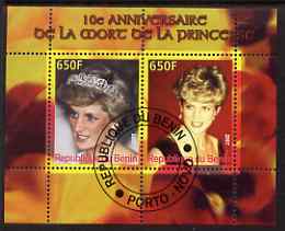 Benin 2007 10th Death Anniversary of Princess Diana #4 perf sheetlet containing 2 values fine cto used , stamps on personalities, stamps on royalty, stamps on diana