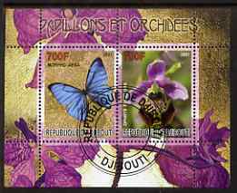 Djibouti 2007 Butterflies & Orchids #3 perf sheetlet containing 2 values fine cto used , stamps on butterflies, stamps on flowers, stamps on orchids