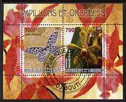 Djibouti 2007 Butterflies & Orchids #4 perf sheetlet containing 2 values fine cto used , stamps on butterflies, stamps on flowers, stamps on orchids