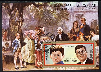 Sharjah 1972 (?) Prominent Persons (Kennedy) 2r imperf m/sheet cto used (with Painting), stamps on arts    kennedy    personalities