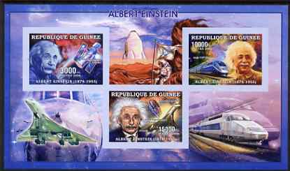 Guinea - Conakry 2006 Albert Einstein imperf sheetlet containing 3 values unmounted mint Yv 2685-87, stamps on personalities, stamps on einstein, stamps on maths, stamps on physics, stamps on nobel, stamps on science, stamps on judaica, stamps on railways, stamps on concorde, stamps on personalities, stamps on einstein, stamps on science, stamps on physics, stamps on nobel, stamps on maths, stamps on space, stamps on judaica, stamps on atomics
