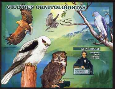 Guinea - Bissau 2007 Ornithologists imperf s/sheet containing 1 value (Birds of Prey) unmounted mint, Yv 343, stamps on , stamps on  stamps on personalities, stamps on  stamps on birds, stamps on  stamps on birds of prey, stamps on  stamps on owls, stamps on  stamps on eagles