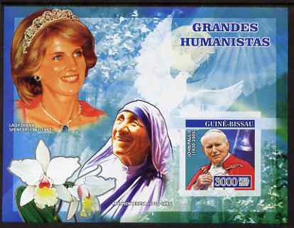 Guinea - Bissau 2007 Humanitarians imperf s/sheet containing 1 value (Pope, Mother Teresa & Diana) unmounted mint, Yv 347, stamps on personalities, stamps on royalty, stamps on pope, stamps on diana, stamps on teresa, stamps on orchids