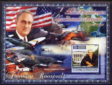 St Thomas & Prince Islands 2007 US Presidents #32 Franklin Roosevelt imperf s/sheet containing 1 value unmounted mint , stamps on personalities, stamps on constitutions, stamps on americana, stamps on us presidents, stamps on  ww2 , stamps on ships, stamps on flt tops, stamps on aviation, stamps on 