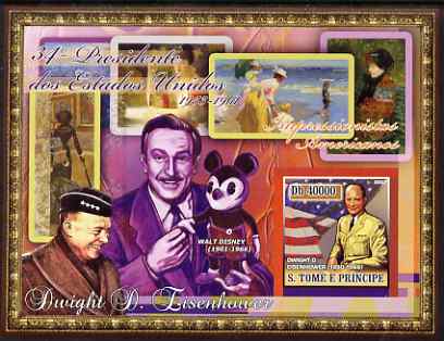 St Thomas & Prince Islands 2007 US Presidents #34 Dwight D Eisenhower imperf s/sheet containing 1 value unmounted mint , stamps on personalities, stamps on constitutions, stamps on americana, stamps on us presidents, stamps on  ww2 , stamps on disney